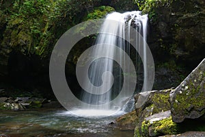 Motion-blurred photo of Grotto Falls in Great Smoky Mountains National Park