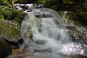 Motion blurred water cascading over rocks in a stream in North Carolina