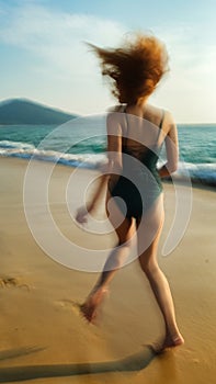 A motion blurry image of a woman walking on the beach in a green bikini.