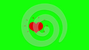 Motion graphics animation of movement of heart icons. Red hearts rise up and disappear on a green chromakey background