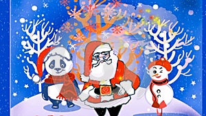 Motion graphics Merry Christmas concept , Merry Christmas Happy Christmas companions. Santa Claus, Snowman In gift box.