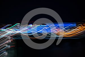 Motion night lights abstract, city traffic trails effect shoot from window car, fast driving movement