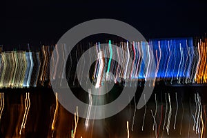 Motion night lights abstract, city traffic trails effect shoot from window car, fast driving movement