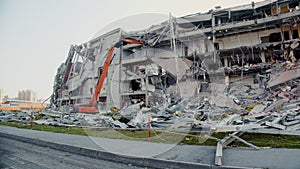 Motion past dangerous hockey arena building demolition site