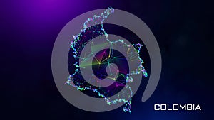 Motion Reveal Colombia Map Polygonal Blue Purple Connected Lines Dots Facet Wireframe Network With Text On Hazy Flare Bokeh