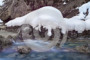 Motion of river water with snow on rocks