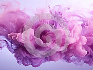 motion of the smoke in water, colorful ink abstraction, pastel purple and pink swiring in, fancy cloud of smoke under water