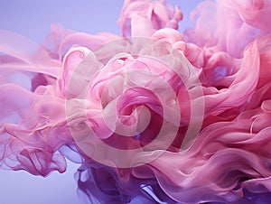 motion of the smoke in water, colorful ink abstraction, pastel purple and pink swiring in, fancy cloud of smoke under water