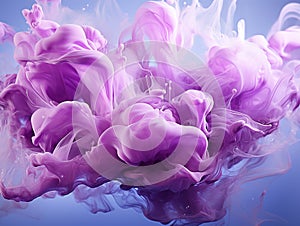 motion of the smoke in water, colorful ink abstraction, pastel purple and pink swiring in, fancy cloud of smoke under water