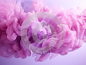 motion of the smoke in water, colorful ink abstraction, pastel purple and pink swiring in, fancy cloud of smoke under water