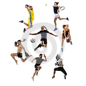 Motion. Sport collage. Tennis, running, badminton, soccer and american football, basketball, handball, volleyball