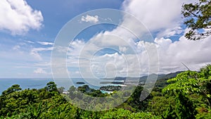 Motion white clouds Time lapse Beautiful Blue sky and white clouds flowing over sea in summer season Good weather day Time Lapse i