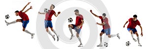 In motion. Young male footballer training isolated over white background. Flyer