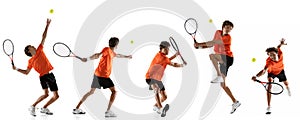 In motion. Young male tennis player training isolated over white background. Flyer