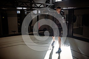 Motivated boxer honing punching technique in shadow fighting photo