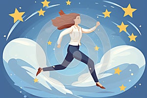 Motivated businesswoman running on stars strive for new career achievements. Happy confident woman employee jump to goal and