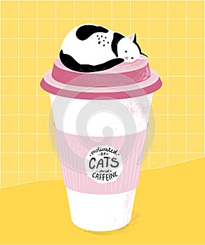 Motivated by cats and caffein. Funny quote for office posters, t-shirts and prints. Sleeping cat on top of tall paper