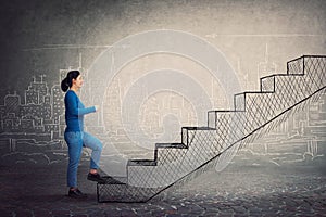 Motivated and confident young woman hurry to climb a imaginative staircase. Concept of career development, success and goal