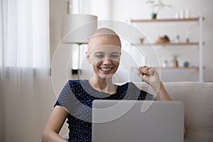 Motivated woman cancer patient encourage sick friend by video call