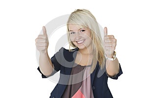 Motivated woman giving double thumbs up photo