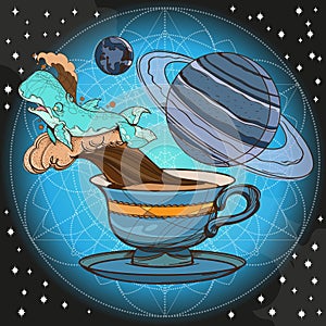 Motivating illustration with the phrase. Outline sketch for the painting with a mug of coffee, whale and planets. Picture for