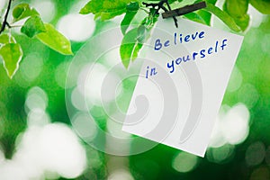Motivating phrase Believe in yourself. On a green background on a branch is a white paper with a motivating phrase. photo