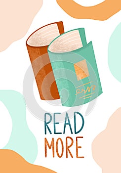 Motivating poster template with illustration of books and a call to read more