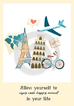 Motivating poster template with illustration of tourism elements