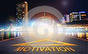 Motivation arrow road sign to modern business night city for Success pathway concept