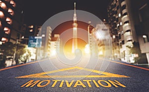 Motivation arrow road sign to modern Tokyo night city for Success pathway concept