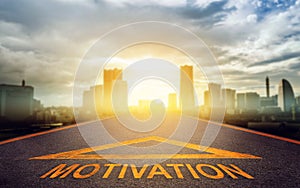 Motivation arrow sign going to modern business city sunset for Success pathway concept