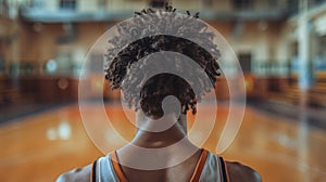 Motivation. Back view of curly African young man, basketball player standing on empty court and looking forward