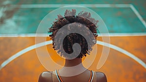 Motivation. Back view of curly African young man, basketball player standing on empty court and looking forward