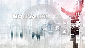 Motivation concept with business elements. Business team. Financial concept on blurred background. Mixed media.