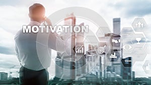 Motivation concept with business elements. Business team. Financial concept on blurred background. Mixed media.