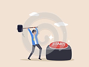 Motivation concept. Push start button to start new business, entrepreneur to begin new company, startup launch project