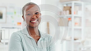 Motivation, goal and business woman looking happy and proud in a startup company office. Leader, vision and black small