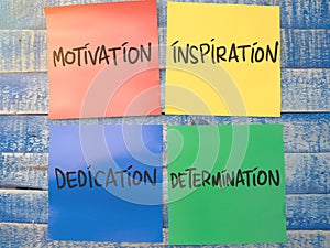 Motivation Inspiration Dedication Determination, text words typography written on paper, success  life and business motivational