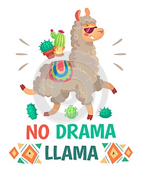 Motivation lettering with No drama llama. Chilling alpaca or lama cartoon kids illustration