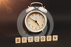 Motivation photo of bitcoin crypto currency, big growth in a short time, concept, word on black background
