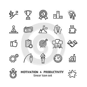 Motivation and Productivity Signs Black Thin Line Icon Set. Vector