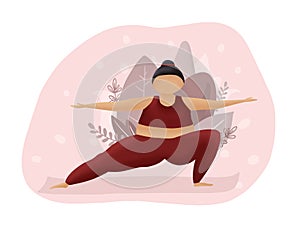 Motivation red and pink illustration. Fatty woman make yoga. Overweight sport