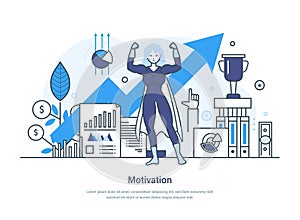 Motivation web banner with powerful business woman superhero. Strong successful women character in superhero cape. Goal