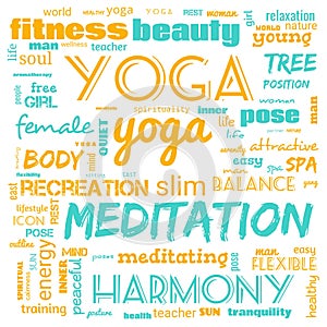 motivation yoga word cloud, word cloud use for banner, painting, motivation, web-page, website background, t-shirt & shirt