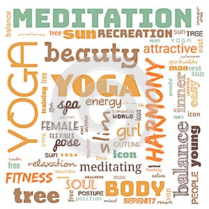 motivation yoga word cloud, word cloud use for banner, painting, motivation, web-page, website background, t-shirt & shirt