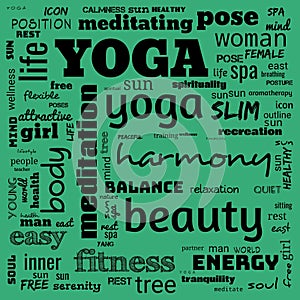 motivation yoga word cloud, word cloud use for banner, painting, motivation, web-page, website background, t-shirt & shirt