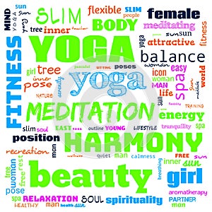 motivation yoga word cloud, word cloud use for banner, painting, motivation, web-page, website background, t-shirt & shirt