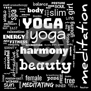 motivation yoga word cloud, word cloud use for banner, painting, motivation, web-page, website background, t-shirt & shirt