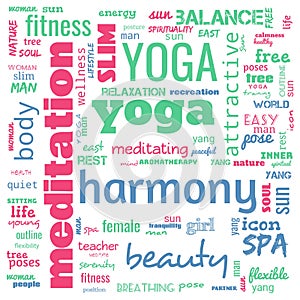 motivation yoga word cloud, word cloud use for banner, painting, motivation, web-page, website background, t-shirt & shirt