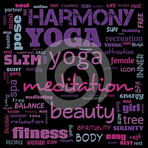 motivation yoga word cloud, word cloud use for banner, painting, motivation, web-page, website background, t-shirt & shirt